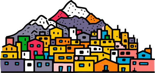 A simple flat illustration of the colorful La Paz cityscape with Illimani Mountain in the background - obrazy, fototapety, plakaty