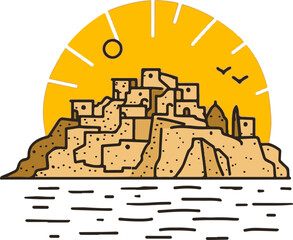 A simple flat illustration of the Isla del Sol on Lake Titicaca with Incan ruins