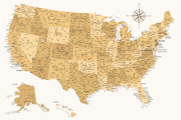 United States - Highly Detailed Vector Map of the USA. Ideally for the Print Posters. Golden Spot Beige Retro Style - obrazy, fototapety, plakaty