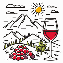 A cheerful illustration capturing the essence of vineyard visits, mountain views, and wine tasting adventures.