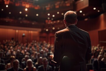 Back view of a male speaker addressing a crowd of attentive listeners in a conference hall, conveying leadership and learning.