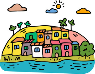 A simple flat illustration of a colorful Emberá village on the banks of the Chagres River