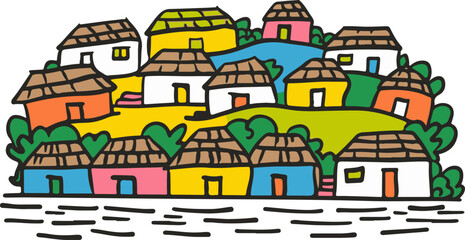 A simple flat illustration of a colorful Emberá village on the banks of the Chagres River