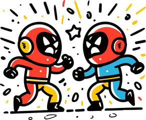 A simple flat illustration of a lively Lucha Libre wrestling match