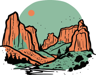 A simple flat illustration of the stunning Copper Canyon (Barrancas del Cobre) at sunrise