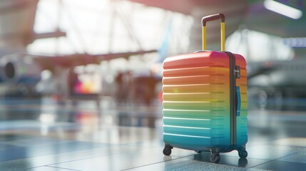 Colorful rainbow suitcase in airport terminal with blurry airplane background - obrazy, fototapety, plakaty