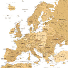 Europe - Highly Detailed Vector Map of the Europe. Ideally for the Print Posters. Golden Spot Beige Retro Style - obrazy, fototapety, plakaty