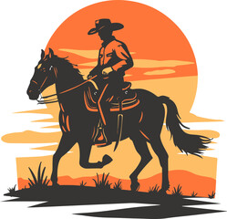 A simple flat illustration of a cowboy riding a horse in the Texas prairie