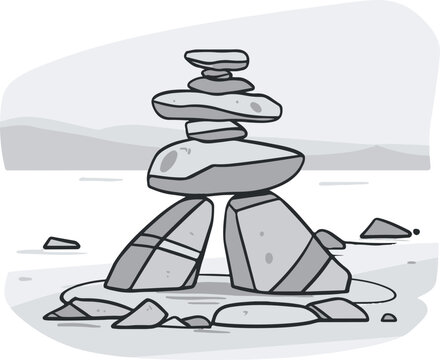 A simple flat illustration of an Inukshuk standing alone in the Arctic tundra