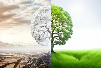 Photo comparing green earth and effect of air pollution from human action  global warming concept  green tree and green earth with light and arid land with air pollusion at background - obrazy, fototapety, plakaty