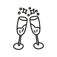 Single celebration glasses of champagne with splashes and sparks. Hand drawn doodle vector illustration