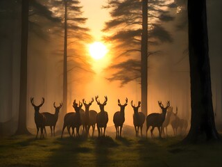 herd of deer in the sunset in forest