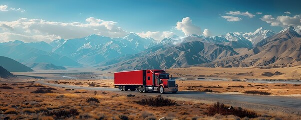 Solitary Red Cargo Truck Traversing Awe Inspiring Mountain Landscape