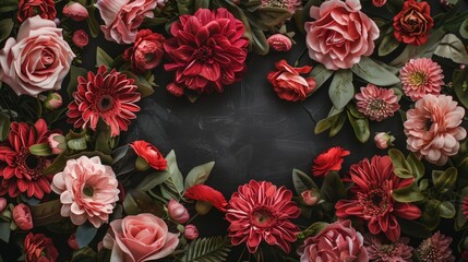Assorted vibrant red and pink flowers with greenery on dark background