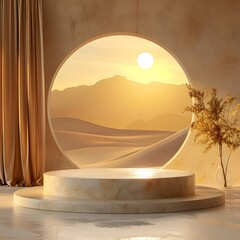 Tranquil Golden Hour Landscape with Minimalist Display Platform in Warm Embrace of Sunset Glow