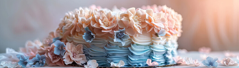 A cake with pink, blue, and white frosting and flowers on top