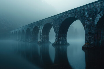 A dark grey bridge in the fog - obrazy, fototapety, plakaty
