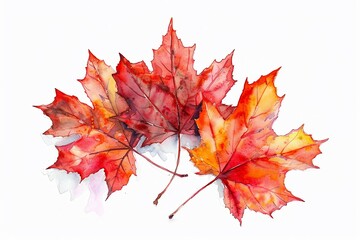 Canadian Maple Leaves in watercolor, autumn reds and oranges, isolated, depicting Canada's iconic tree.