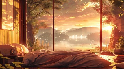 Digital art of a tranquil bedroom with open sliding doors leading to a stunning lakeside sunset, evoking peace and relaxation. Sunset View from Cozy Lakeside Bedroom lofi anime cartoon


