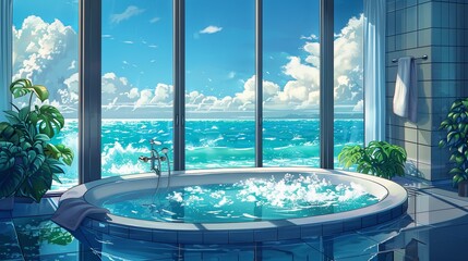 Modern luxury bathroom with a circular jacuzzi bath, large windows showcasing a stunning ocean view, and lush indoor plants. Luxury Bathroom Interior with Ocean View lofi anime cartoon

 - obrazy, fototapety, plakaty