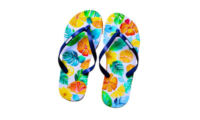 Fototapeta na wymiar Clorful beach sandals with flowers isolated on a transparent background. Floral flip flops. Summer shoes. summer stamp. Png 