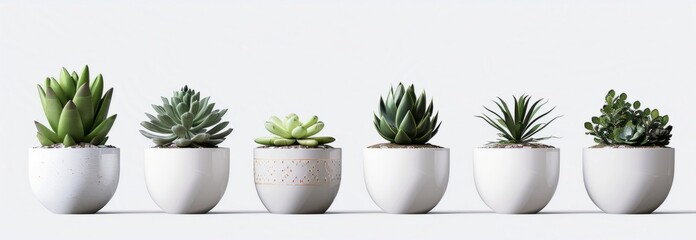collection Set of different mixed cactus and succulents types of small mini plant in modern ceramic Nordic vase pot as furniture cutouts isolated on white background. - obrazy, fototapety, plakaty