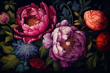 Renaissance of Reds: Opulent Peonies and Blooms in Maroon, Lilac, Pink, Crimson and Orange Tones on a Dark Backdrop
