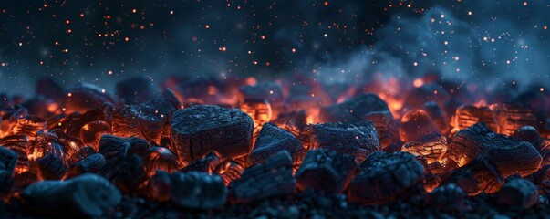 Warm embers of the barbecue pit reflect a night sky full of stars - obrazy, fototapety, plakaty