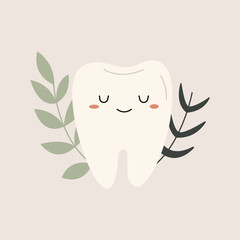 Tooth with Leaves Vector Flat Illustration. Perfect for different cards, textile, web sites, apps