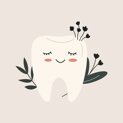 Tooth with Leaves and Flowers Colourful Vector Flat Illustration. Perfect for different cards, textile, web sites, apps