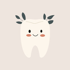 Tooth Emoji with Leaves Flat Illustration. Perfect for different cards, textile, web sites, apps