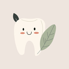Tooth with Leaves Vivid Flat Illustration. Perfect for different cards, textile, web sites, apps