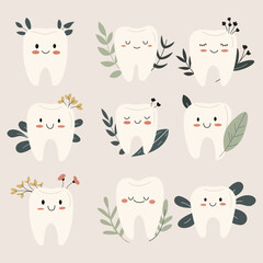 Teeth with Leaves Vector Isolated Flat Illustrations Collection. Perfect for different cards, textile, web sites, apps