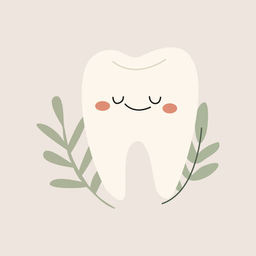Tooth with Green Leaves Vibrant Isolated Flat Image. Perfect for different cards, textile, web sites, apps