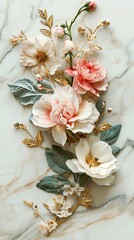 An elegant marble background adorned with a bouquet of peonies and gold. Vertical. 