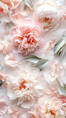 Ethereal flat lay of loosely painted watercolor peonies. Vertical.