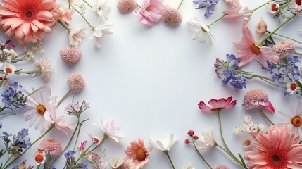 Assorted fresh flowers on a light background with central copy space