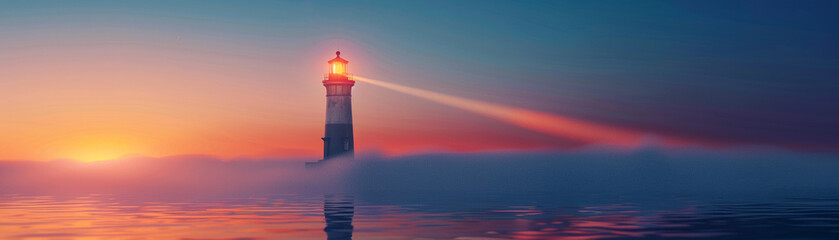 A lighthouse illuminating a path over uncharted waters, symbolizing the vision guiding exploration towards a promising future - obrazy, fototapety, plakaty