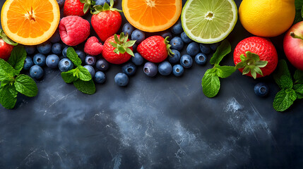 Fresh fruits and berries on dark blue background. Top view with copy space