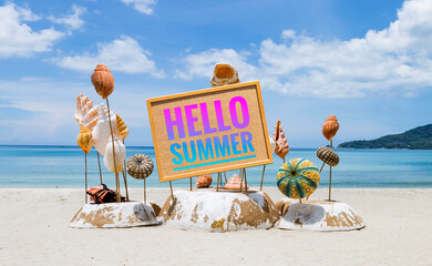 Hello summer sign with artificial seashell on tropical island in south of Thailand, summer outdoor day light