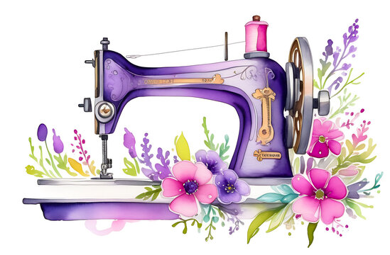 Watercolor drawing of a sewing machine decorated with pink and purple flowers