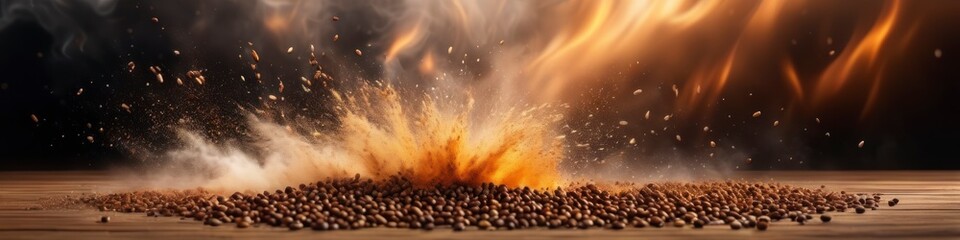 Abstract background, burst of fire and smoke, coffee bean roasting concept. Background for social media banner, website and for your design, space for text.	 - obrazy, fototapety, plakaty