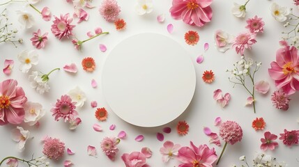 Assorted flowers around blank white circle for placing text or design. - obrazy, fototapety, plakaty