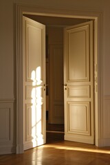 Beige Closet Door with Gold Brass Frame - Ajar with Natural Daylight, Hiding Behind Clothes