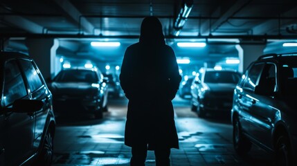Car Theft in an Abandoned Parking Structure with blue light and shadow figure - obrazy, fototapety, plakaty