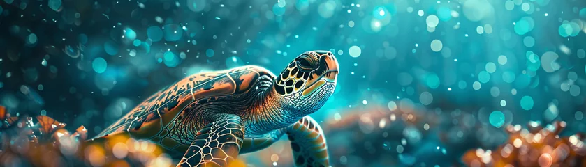Fotobehang Giant Turtle, Sea weed shell, Ocean protector, Collecting plastic, Bioluminescent algae, 3D render, Underwater lighting, Depth of field bokeh effect © Jammy