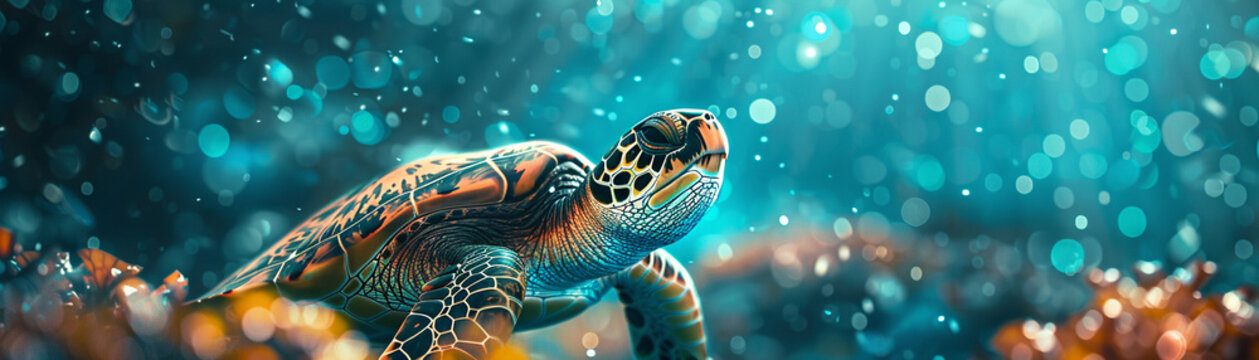 Giant Turtle, Sea weed shell, Ocean protector, Collecting plastic, Bioluminescent algae, 3D render, Underwater lighting, Depth of field bokeh effect