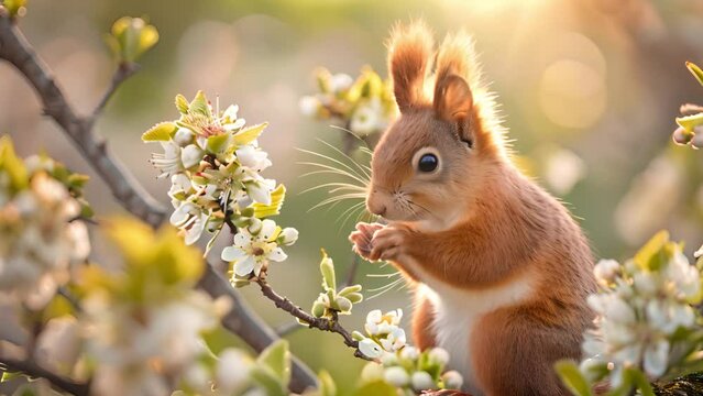 Spring video with cute red squirrel in the spring garden in the branches of a white cherry blossom. Beautiful soft pink white blossom flowers on branch with sunlight shining. Spring landscape 4k video