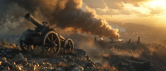 Battlefield cannons, sentinel stance, castle smoke looming, realistic textures, soft ambient light , 8K , high-resolution, ultra HD,up32K HD - obrazy, fototapety, plakaty