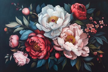 Vibrant Peonies and Floral Bouquet: Red, Pink, White Blossoms with Blue and Green Foliage on Dark Canvas